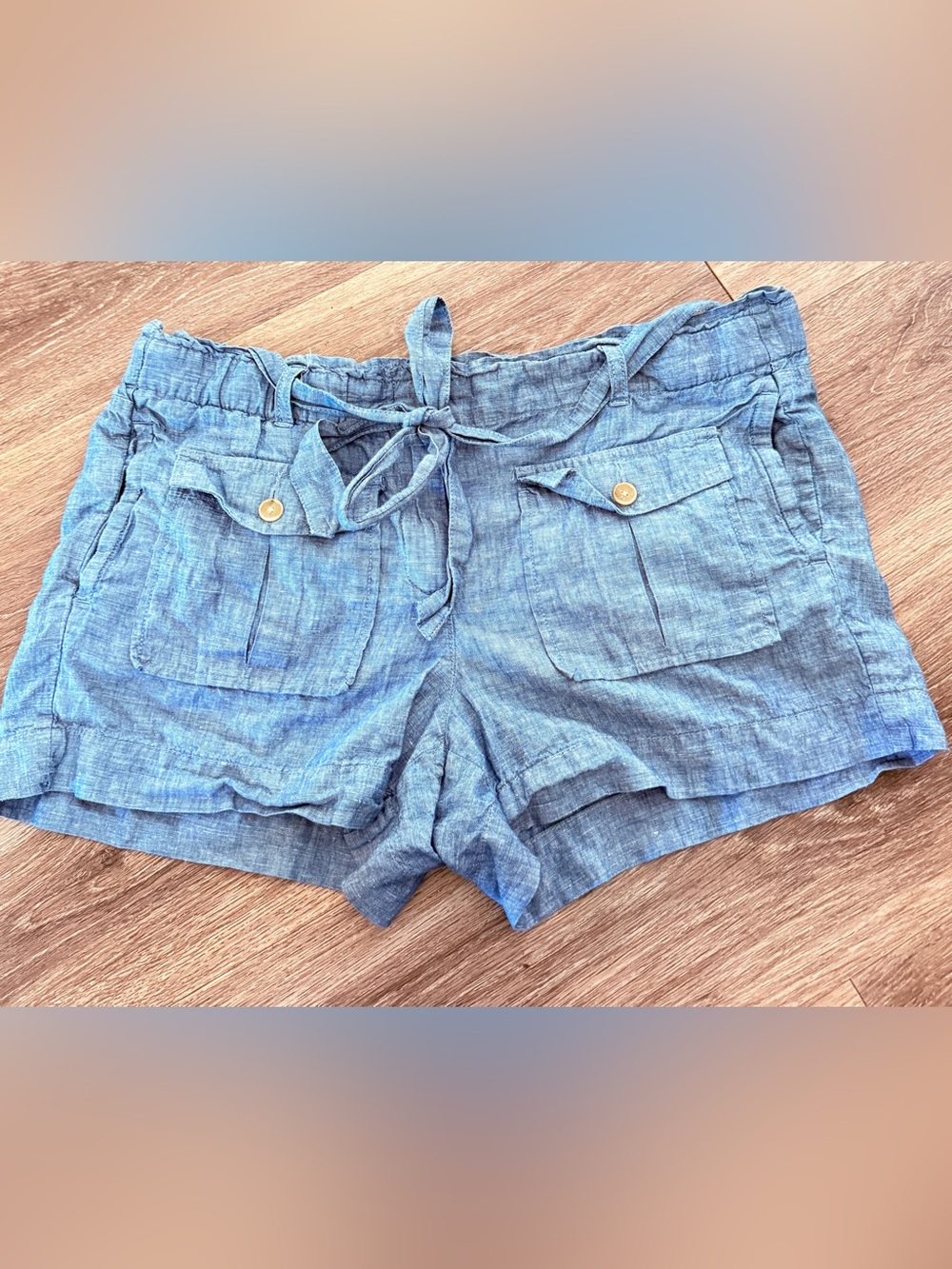 LOFT Linen Blend Utility Shorts Blue Tie Waist Flap Pockets Size Medium Comfort
